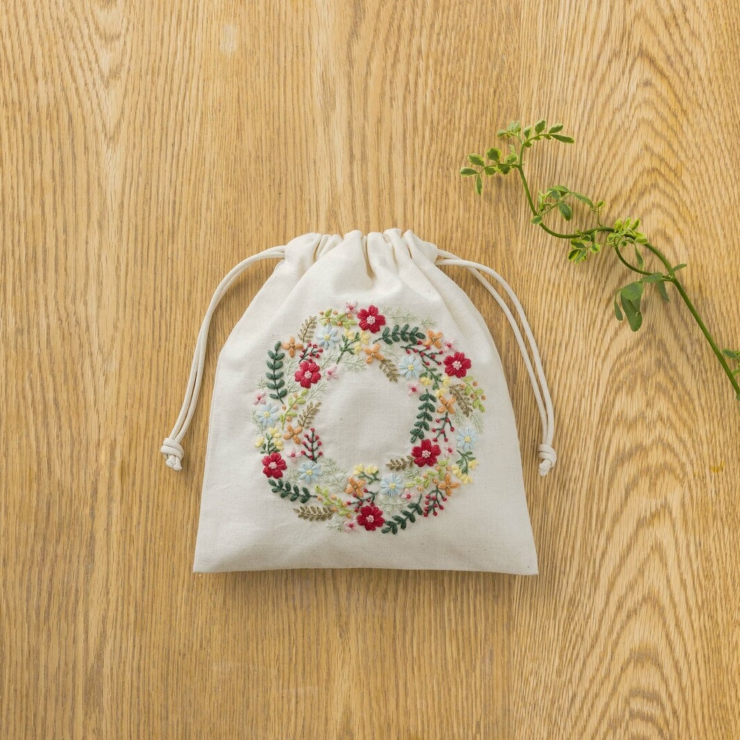 Japanese Drawstring Pouch Embroidery Kit Colorful Floral Wreath