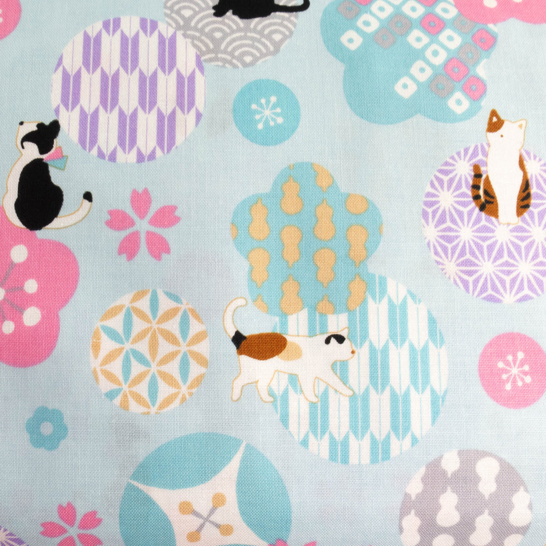 Japanese Cotton Fabric - Cats in Wagara Circles Light Blue (C421034C)