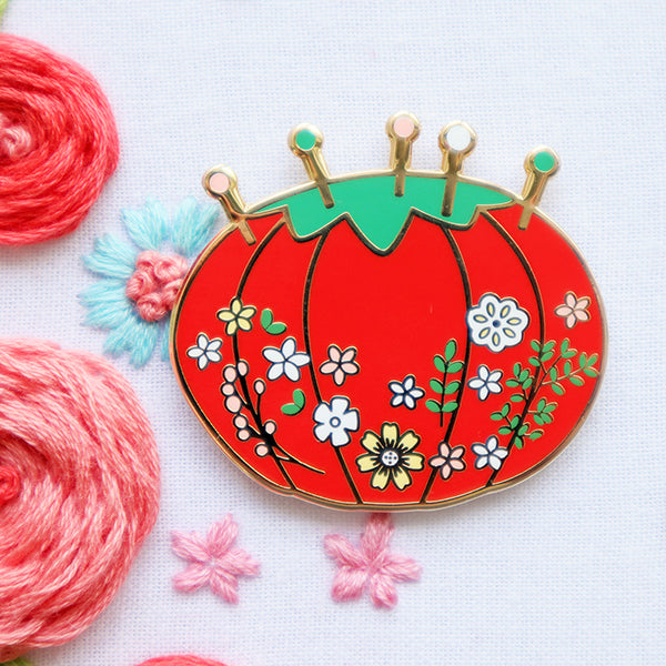 Vintage Tomato Pincushion Enamel Needle Minder