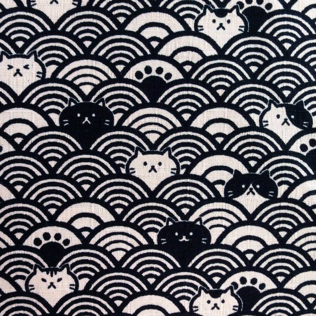 Cotton Dobby Fabric :: Fuku Cats in Waves in Black (CF9032D)