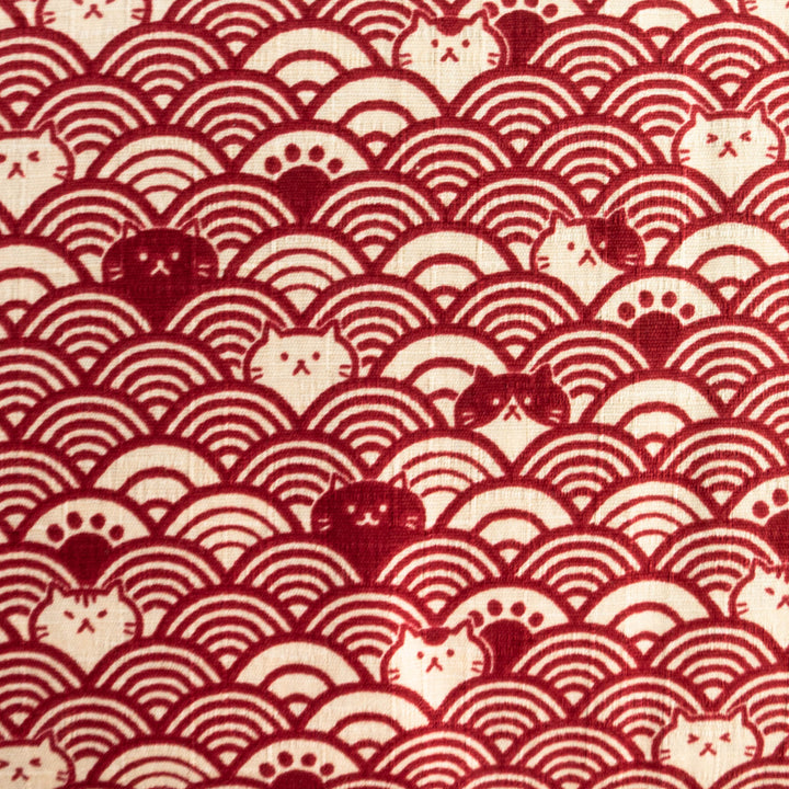 Cotton Dobby Fabric :: Fuku Cats in Waves in Red (CF9032A)