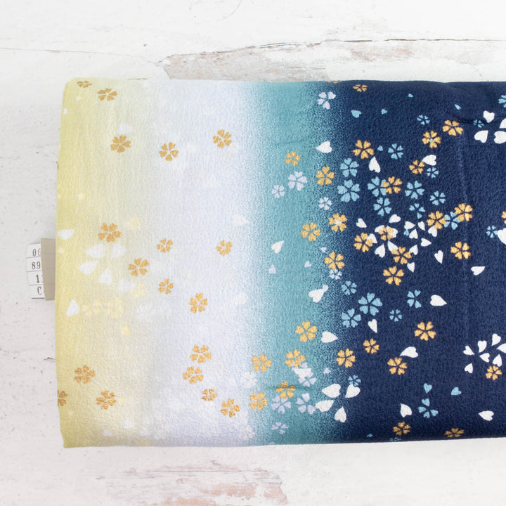 Japanese Cotton Crepe Fabric - Blue Yellow Ombre Cherry Blossom Scatter (AS89B)