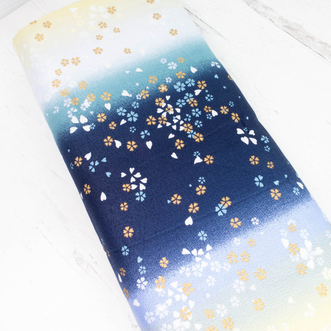 Japanese Cotton Crepe Fabric - Blue Yellow Ombre Cherry Blossom Scatter (AS89B)