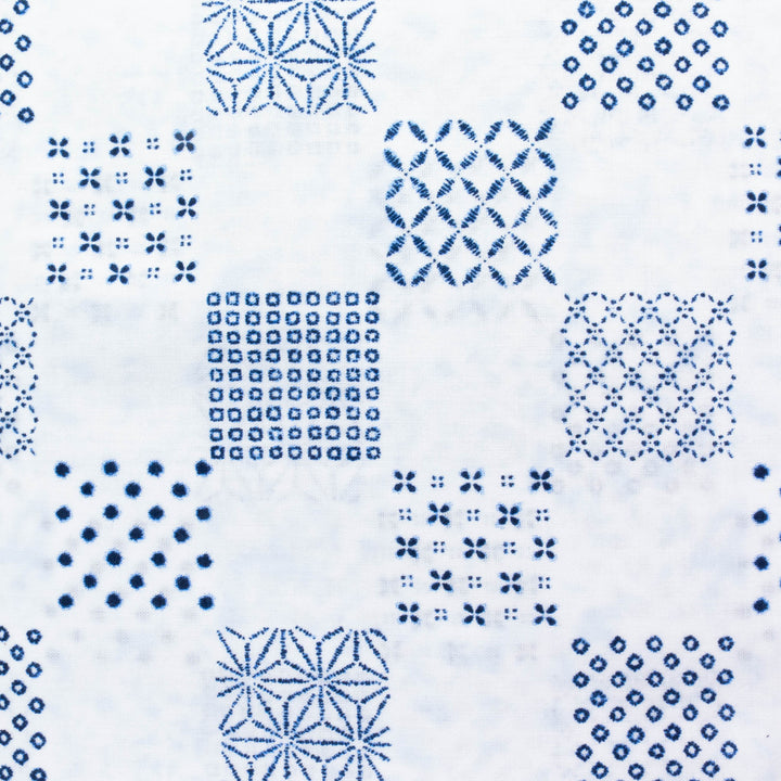 Shibori Blues Cotton Fabric - Wagara Patchwork on White (SB57D104)