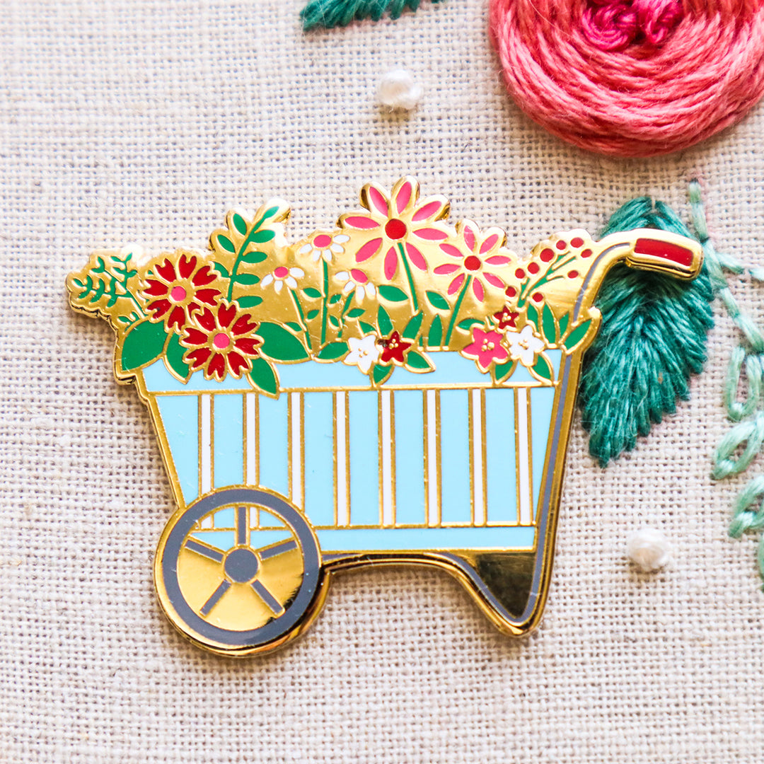 Spring Floral Wheelbarrow Enamel Needle Minder