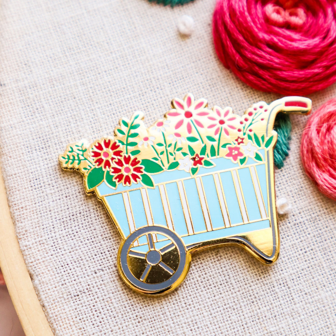 Spring Floral Wheelbarrow Enamel Needle Minder