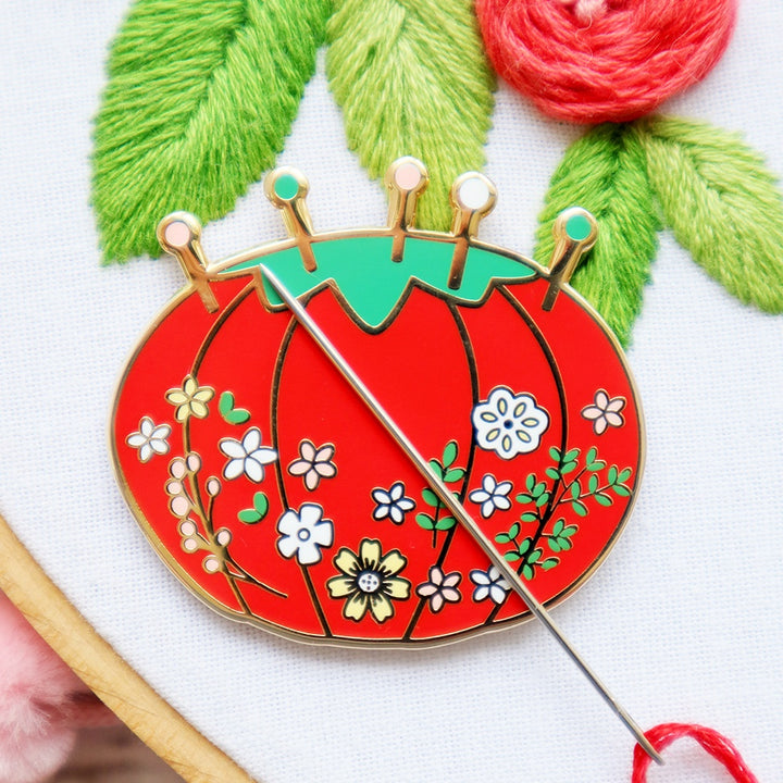 Vintage Tomato Pincushion Enamel Needle Minder