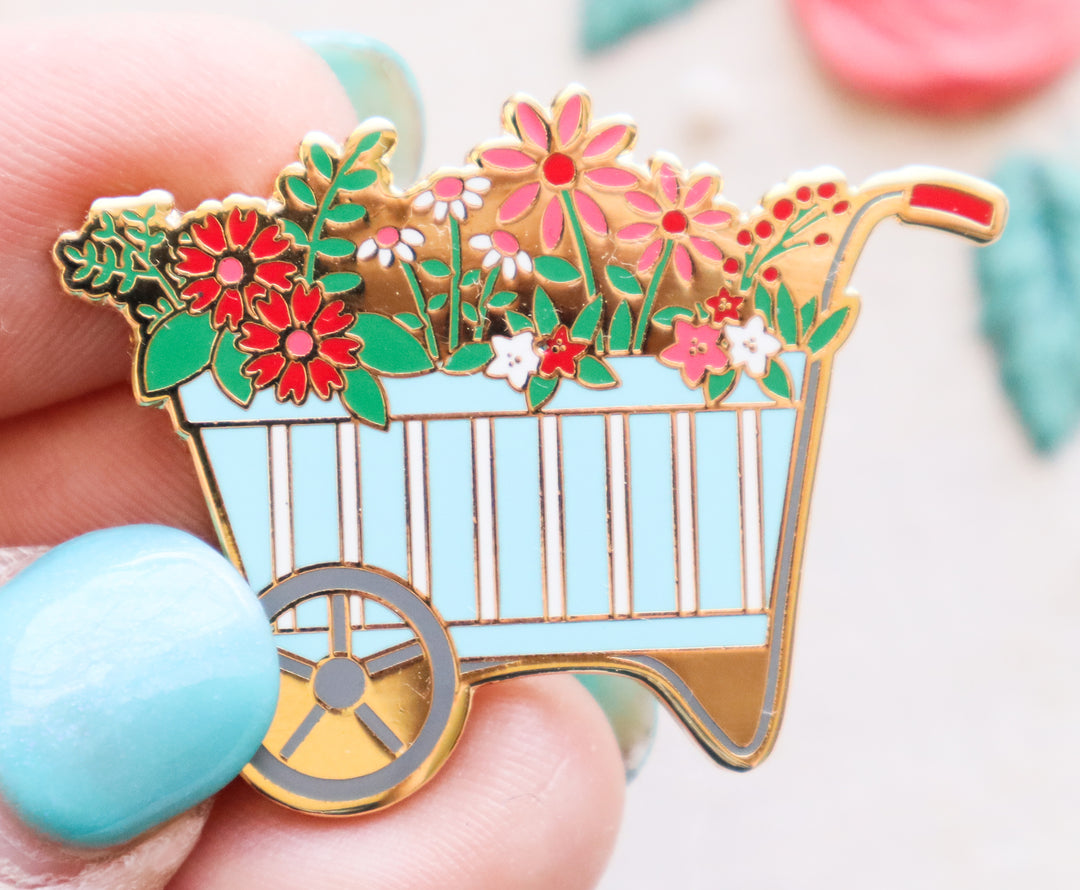 Spring Floral Wheelbarrow Enamel Needle Minder